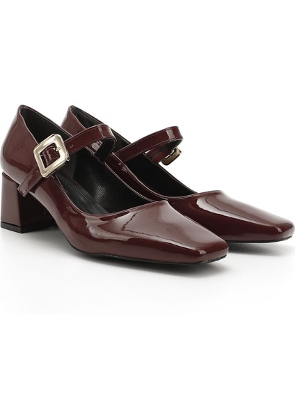 Kadın Bordo Rugan Küt Burun Kare Ökçe Mary Jane Ayakkabı modelleri