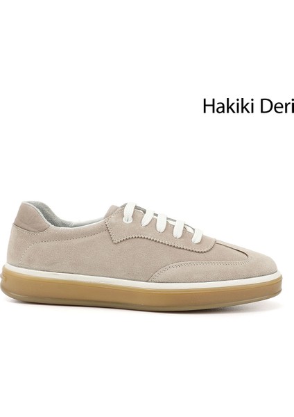 Erkek Vizon Nubuk Bağcıklı Hakiki Deri Comfort Sneaker