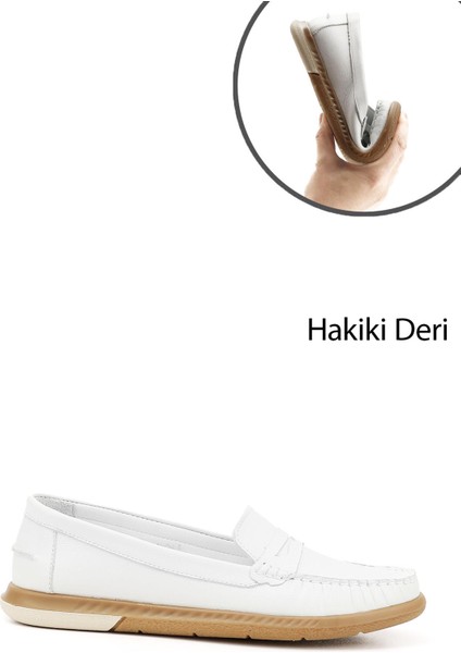 Gönderi Kadın Beyaz Hakiki Deri Comfort Loafer Esnek Termo Tabanlı Rahat Ayakkabı
