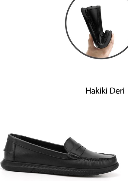 Kadın Siyah Rok Hakiki Deri Comfort Loafer