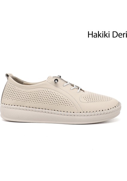 Kadın Bej Lastik Bağcıklı Hakiki Deri Comfort Ayakkabı