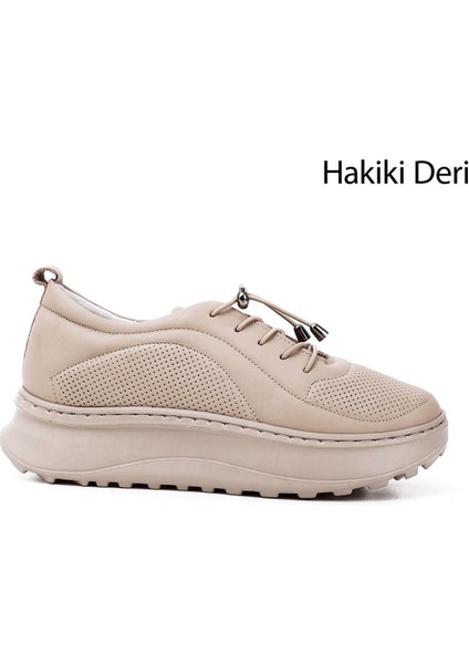 Kadın Nude Lastik Bağcıklı Comfort Dolgu Taban Hakiki Deri Sneaker