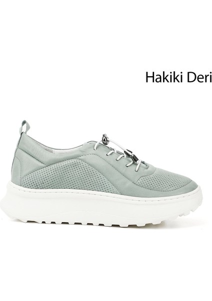 Kadın Su Yeşili Lastik Bağcıklı Comfort Dolgu Taban Hakiki Deri Sneaker