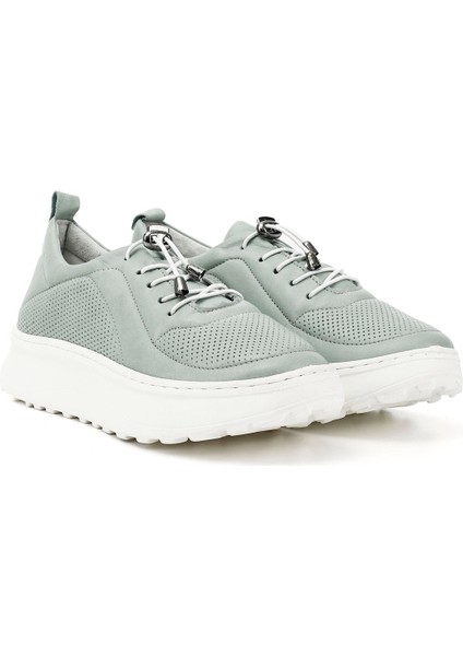 Kadın Su Yeşili Lastik Bağcıklı Comfort Dolgu Taban Hakiki Deri Sneaker fiyatları