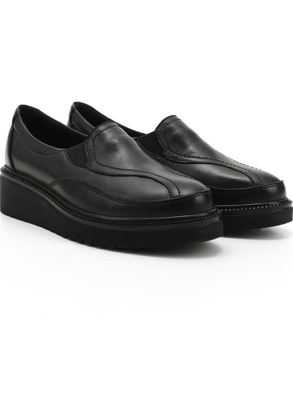 Kadın Siyah Dolgu Taban Hakiki Deri Ayakkabı modelleri