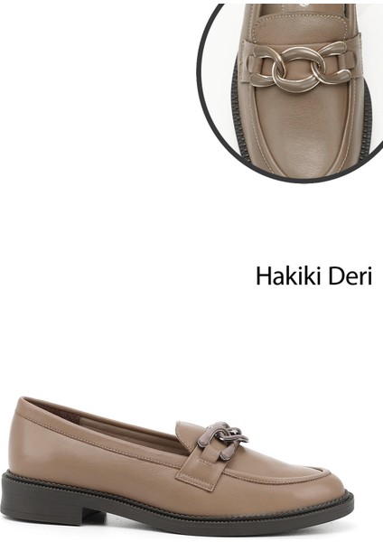 Kadın Vizon Tokalı Hakiki Deri Loafer Ayakkabı