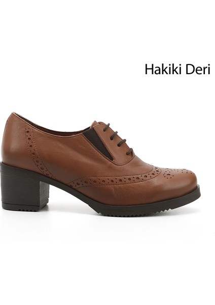Kadın Taba Bağcıklı Orta Kalın Topuklu Hakiki Deri Oxford Ayakkabı