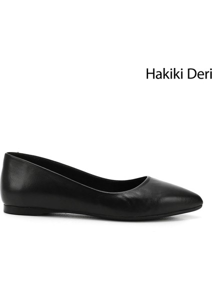 Kadın Siyah Sivri Burun Düz Taban Hakiki Deri Babet