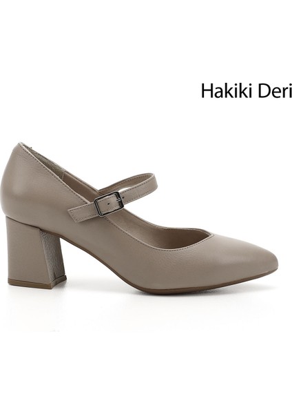 Kadın Bej Sivri Burun Topuklu Mary Jane Hakiki Deri Ayakkabı