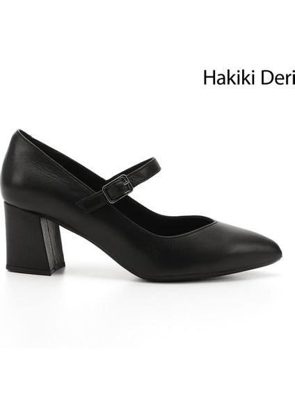 Kadın Siyah Sivri Burun Topuklu Mary Jane Hakiki Deri Ayakkabı