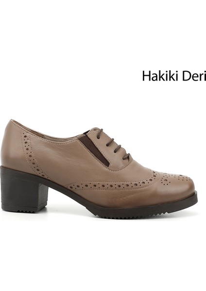 Kadın Vizon Bağcıklı Orta Kalın Topuklu Hakiki Deri Oxford Ayakkabı