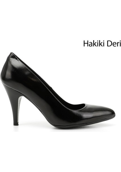 Kadın Siyah Rugan Sivri Burun İnce Topuklu Hakiki Deri Stiletto