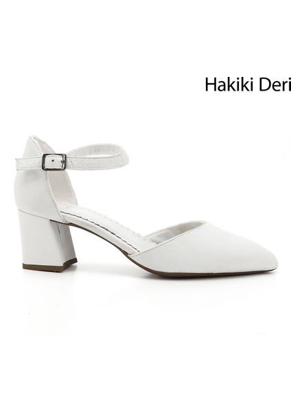 Kadın Beyaz Bilekten Bağlı Orta Topuklu Hakiki Deri Ayakkabı