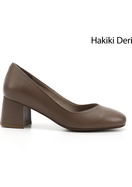 Kadın Vizon Küt Burun Orta Kalın Topuklu Hakiki Deri Ayakkabı