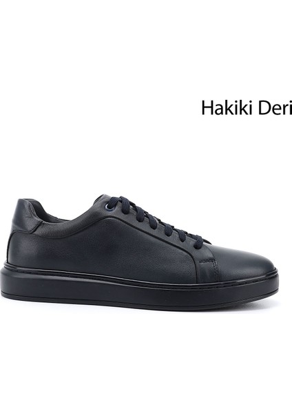 Erkek Lacivert Bağcıklı Kauçuk Taban Hakiki Deri Sneaker