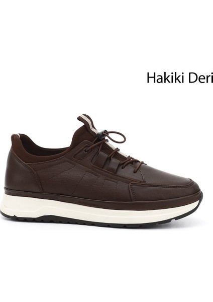 Erkek Kahve Likralı Lastik Bağcıklı Hakiki Deri Comfort Sneaker