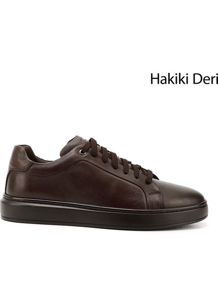 Erkek Kahverengi Bağcıklı Kauçuk Taban Hakiki Deri Sneaker