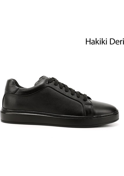 Erkek Siyah Bağcıklı Kauçuk Taban Hakiki Deri Sneaker