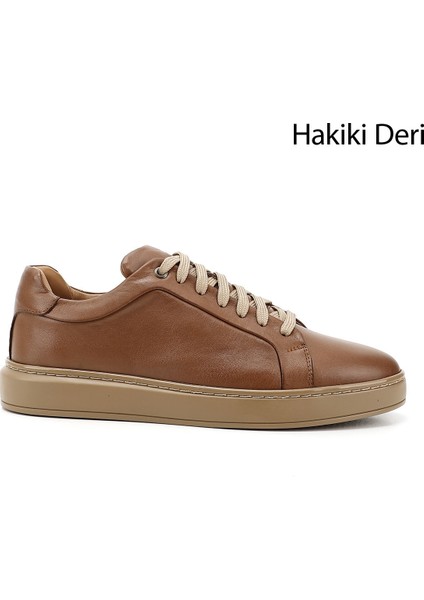 Erkek Kum Rengi Bağcıklı Kauçuk Taban Hakiki Deri Sneaker