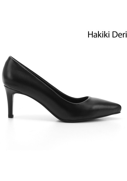 Kadın Siyah Sivri Burun İnce Topuklu Hakiki Deri Stiletto