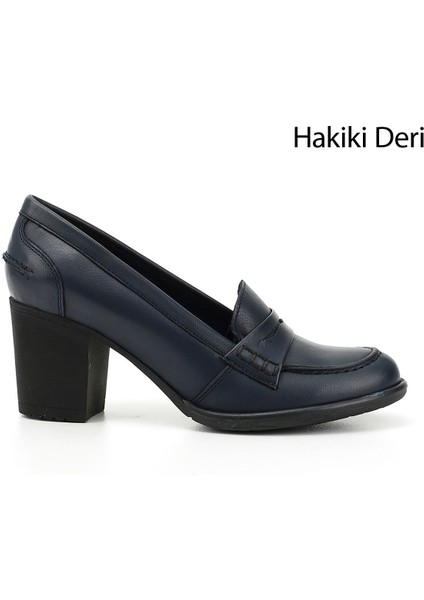 Kadın Antik Lacivert Orta Kalın Topuklu Hakiki Deri Ayakkabı