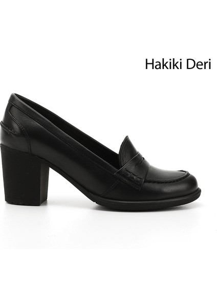 Gön Hakiki Deri Yuvarlak Burun Kalın Topuklu Kauçuk Taban Loafer Kadın Ayakkabı 24072