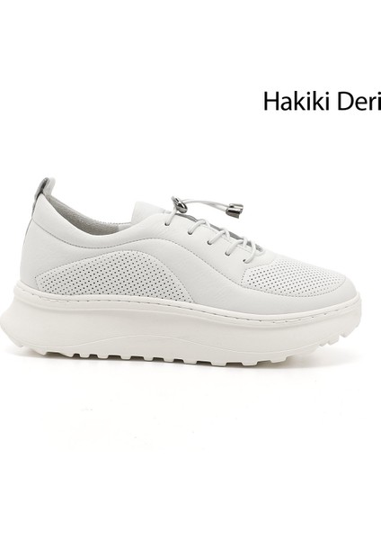 Kadın Beyaz Lastik Bağcıklı Comfort Dolgu Taban Hakiki Deri Sneaker