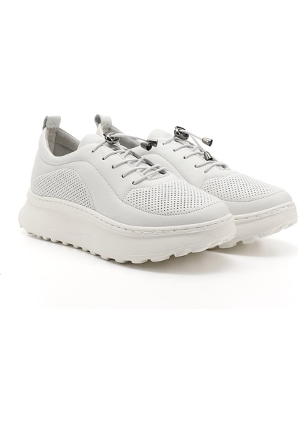 Kadın Beyaz Lastik Bağcıklı Comfort Dolgu Taban Hakiki Deri Sneaker modelleri