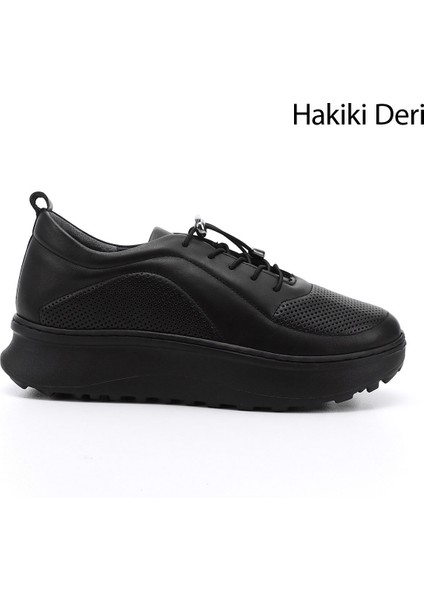 Kadın Siyah Lastik Bağcıklı Comfort Dolgu Taban Hakiki Deri Sneaker