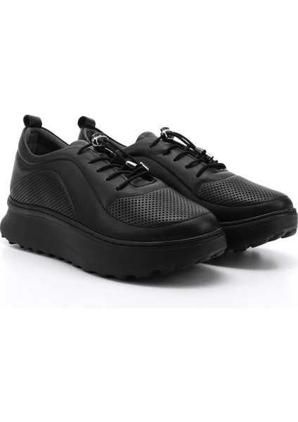 Kadın Siyah Lastik Bağcıklı Comfort Dolgu Taban Hakiki Deri Sneaker fiyatları