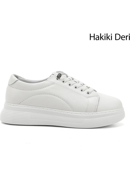 Kadın Beyaz Lastik Bağcıklı Comfort Dolgu Taban Hakiki Deri Sneaker