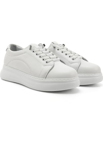 Kadın Beyaz Lastik Bağcıklı Comfort Dolgu Taban Hakiki Deri Sneaker modelleri