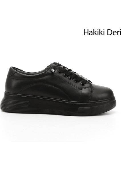 Kadın Kömür Lastik Bağcıklı Comfort Dolgu Taban Hakiki Deri Sneaker