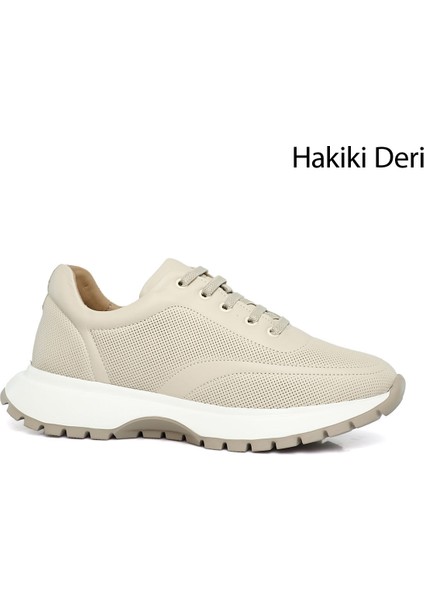 Kadın Bej Dolgu Taban Lastik Bağcıklı Hakiki Deri Sneaker