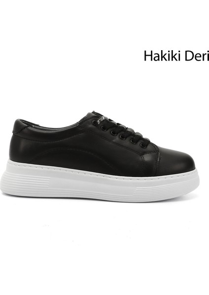 Kadın Siyah Lastik Bağcıklı Comfort Dolgu Taban Hakiki Deri Sneaker