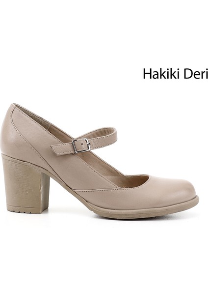 Kadın Bej Kalın Topuklu Mary Jane Hakiki Deri Ayakkabı