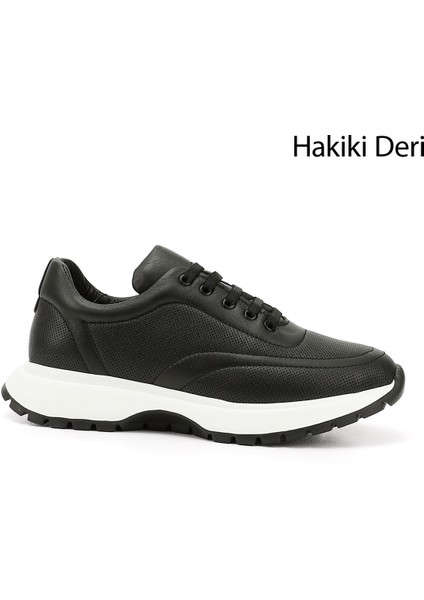 Kadın Siyah Dolgu Taban Lastik Bağcıklı Hakiki Deri Sneaker