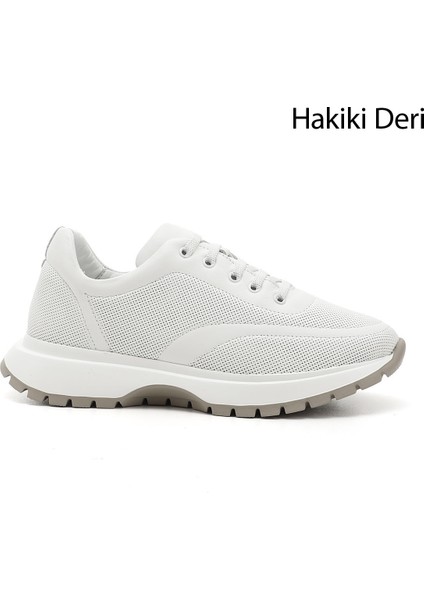 Kadın Beyaz Dolgu Taban Lastik Bağcıklı Hakiki Deri Sneaker