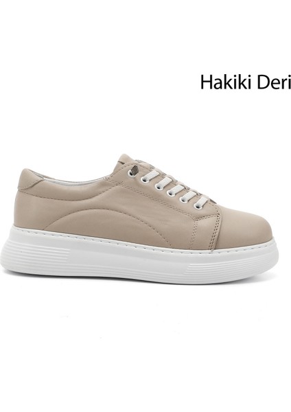 Kadın Bej Lastik Bağcıklı Comfort Dolgu Taban Hakiki Deri Sneaker