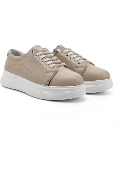Kadın Bej Lastik Bağcıklı Comfort Dolgu Taban Hakiki Deri Sneaker fiyatları