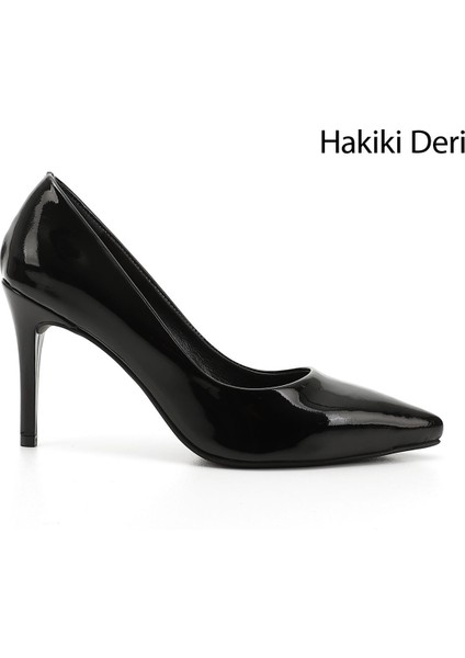 Kadın Siyah Rugan Platinum Sivri Burun İnce Topuklu Hakiki Deri Stiletto