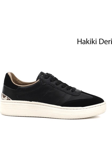 Kadın Siyah Lastik Bağcıklı Dolgu Taban Hakiki Deri Sneaker