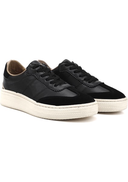 Kadın Siyah Lastik Bağcıklı Dolgu Taban Hakiki Deri Sneaker fiyatları