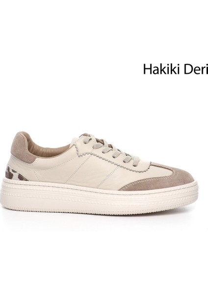 Kadın Bej Lastik Bağcıklı Dolgu Taban Hakiki Deri Sneaker