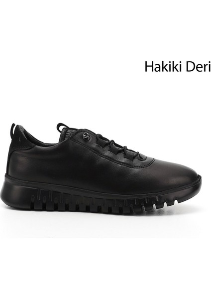 Kadın Siyah Dolgu Taban Lastik Bağcıklı Hakiki Deri Sneaker