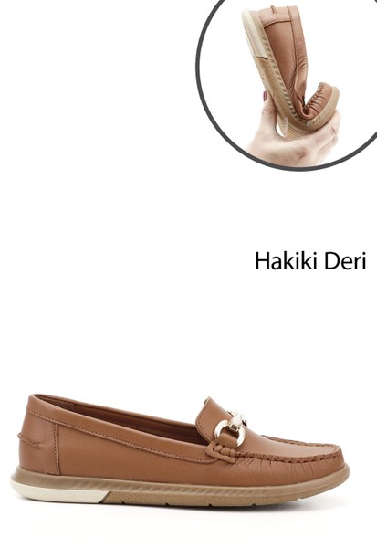 Kadın Taba Antik Tokalı Rok Hakiki Deri Comfort Loafer