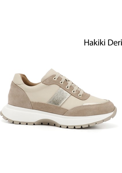Kadın Bej Dolgu Taban Lastik Bağcıklı Hakiki Deri Sneaker