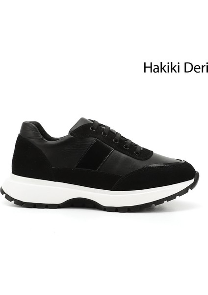 Kadın Siyah Dolgu Taban Lastik Bağcıklı Hakiki Deri Sneaker