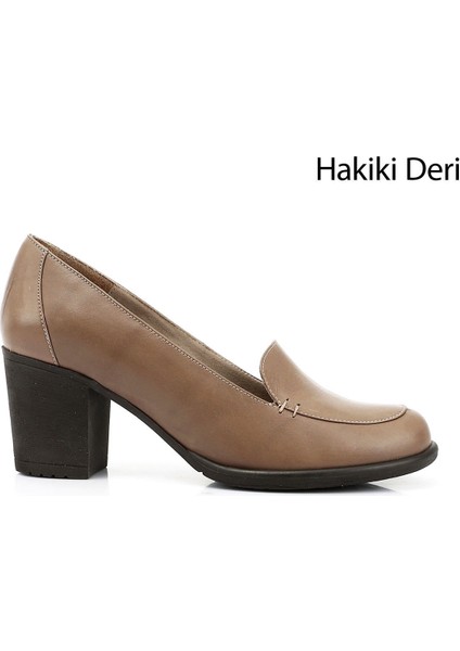 Kadın Açık Vizon Orta Kalın Topuklu Hakiki Deri Ayakkabı
