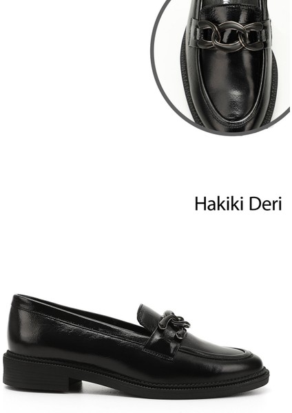 Kadın Siyah Rugan Tokalı Hakiki Deri Loafer Ayakkabı